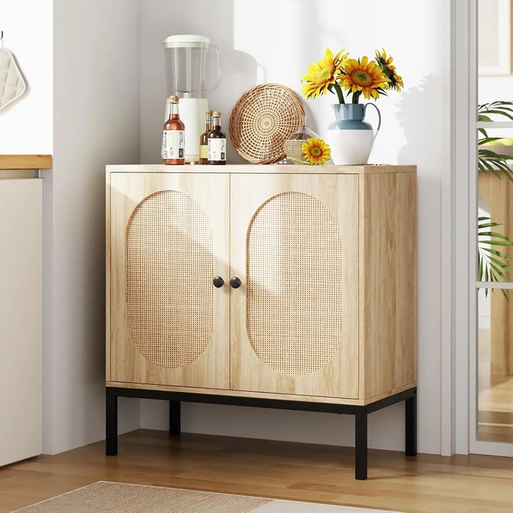 Bufet, 60x15x30in, compartimente duble, cadru din lemn, design din ratan