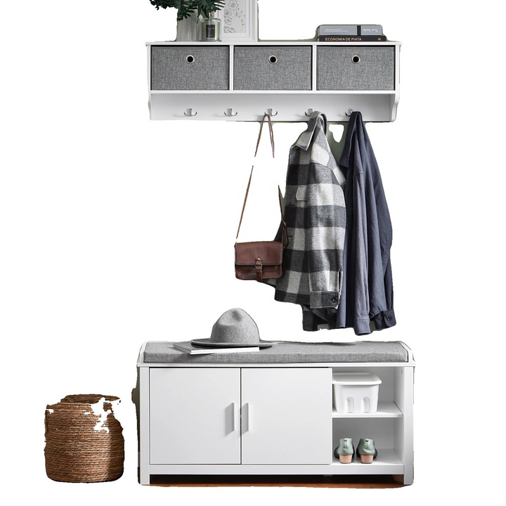 Banca pentru pantofi, alb, design compact, inaltimi ajustabile, 105x51x35cm, 2 usi, 2 rafturi