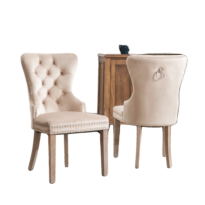 Set de scaune pentru dining, material catifea, picioare din lemn, khaki, 53x64x95cm, 2 bucati