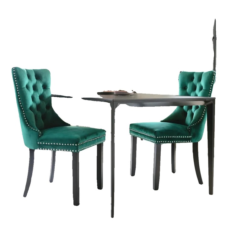Scaun de dining, catifea verde, picioare din lemn masiv, design modern, confortabil
