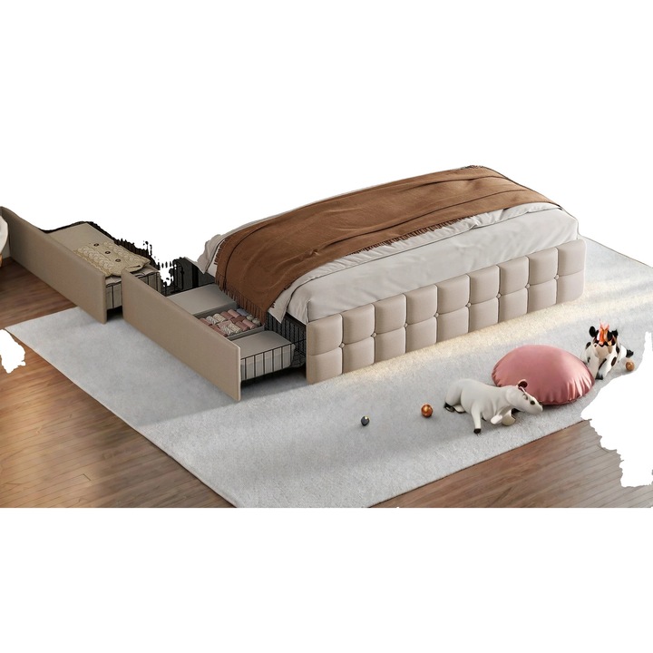 Pat cu spatar captusit, port USB, bej, 160x200cm, cu sertare de depozitare