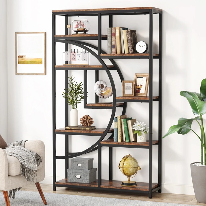 Biblioteca, design industrial, 9 rafturi, maro, 30x95cmx175cm