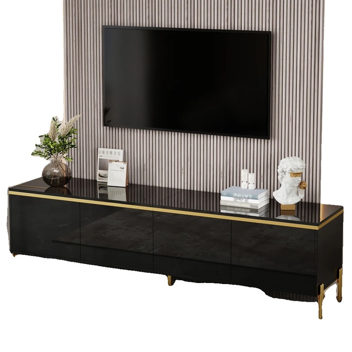 Mese TV, design modern, finisaj lucios, multifunctional, negru, dimensiuni compacte
