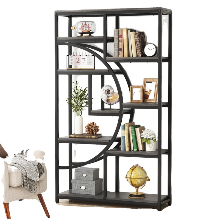 Biblioteca, design industrial, 9 rafturi deschise, neagra, 30x95cmx175cm