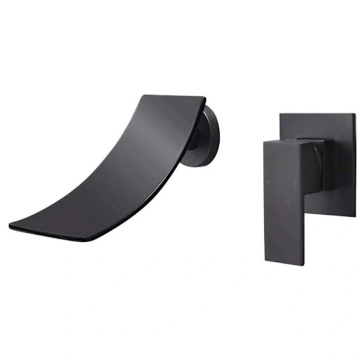 Baterie sanitara montata pe perete, cu robinet cu maner unic, duza larga, neagra, set complet