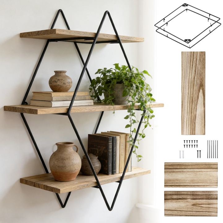 Fali Polcok, Bedee, Modern Fali Polc 3 Polccal, Könnyen Telepíthető, Elegáns Funkcionális Kialakítás, Robusztus és Tartós, Konyhába Nappaliba Hálószobába Irodába Előszobába, 50x50x19cm, Barna/Fekete