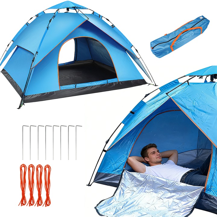 Cort tip pagoda Juksun 3-4 persoane, 200x200x135cm, deschidere automata, protectie UV, plasa anti-insecte, geama dubla, punga de transport - Pentru picnic, plaja, camping. Albastru