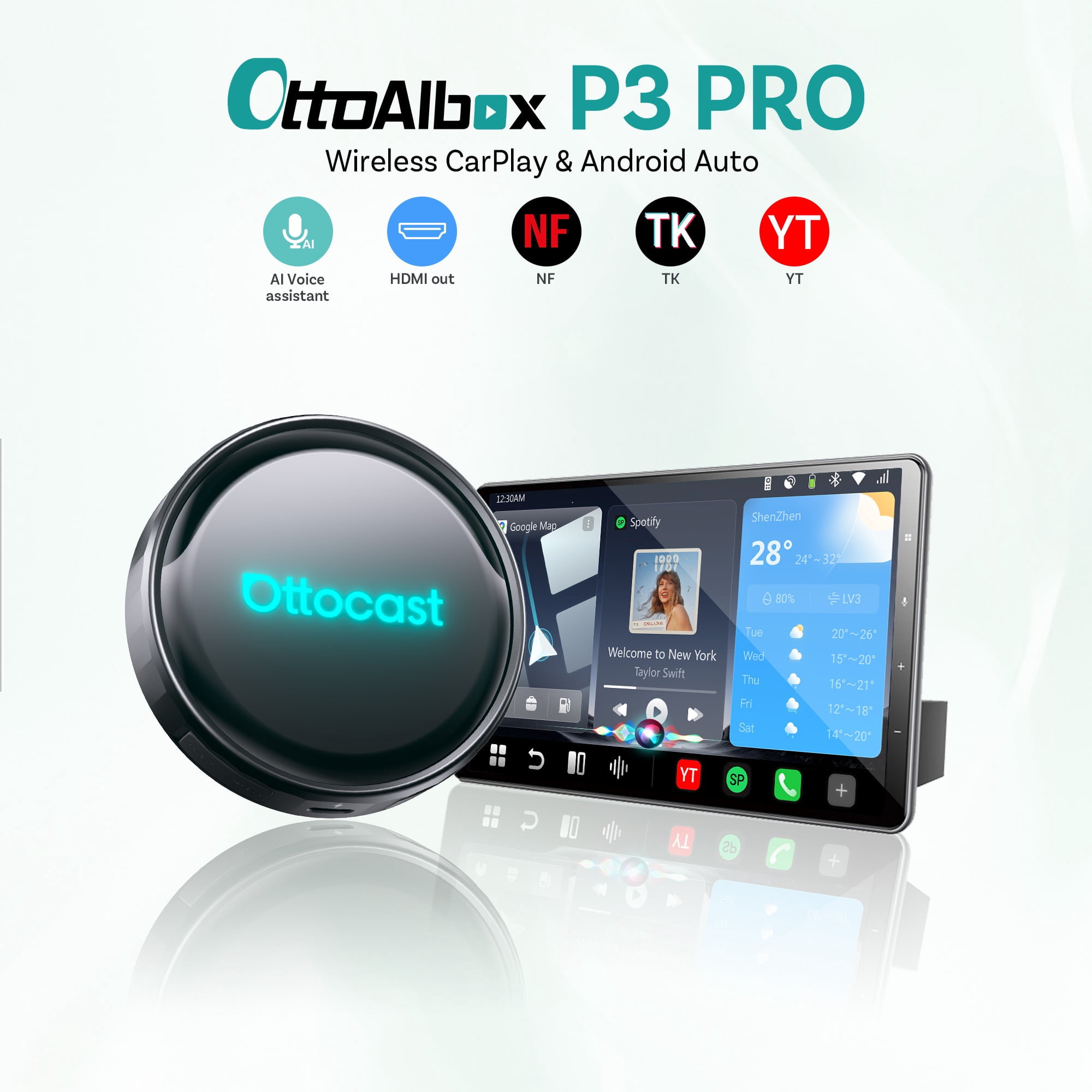 Adaptor wireless CarPlay & Android Auto Ottocast P3 Pro, asistent