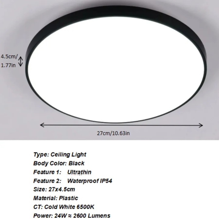 Modern mennyezeti lámpa, 24W, elegáns design, 6500K, 5-10nm