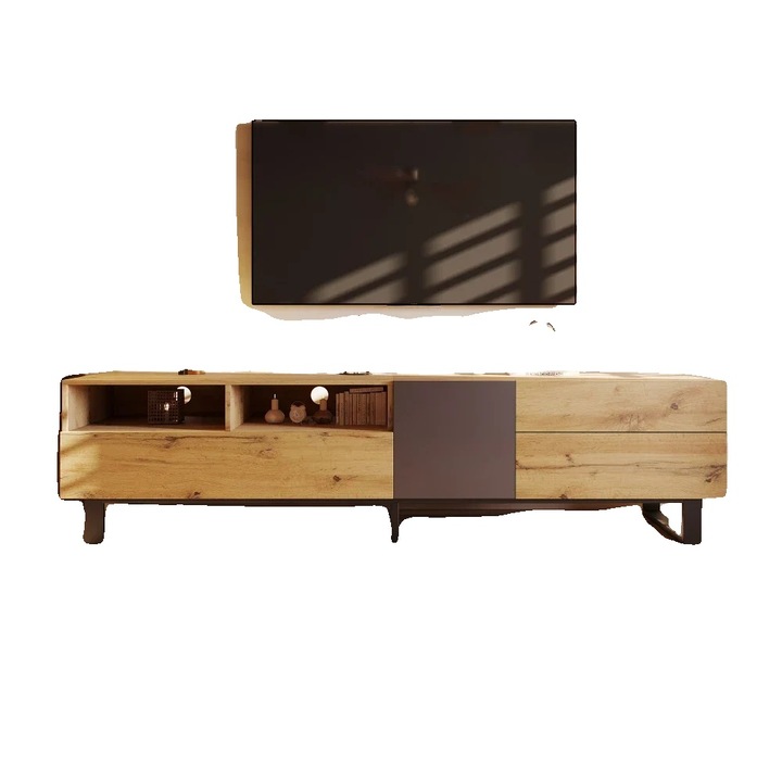 Comoda TV, design modern, capacitate mare de stocare, natural+gri negru, dimensiuni potrivite pentru televizoare standard
