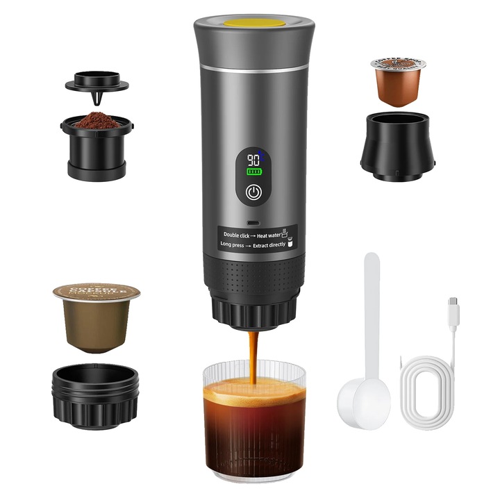 Espressor portabil 3 in 1, gri, 7500mAh, 700g, 90C, 20 bar, 60x80ml