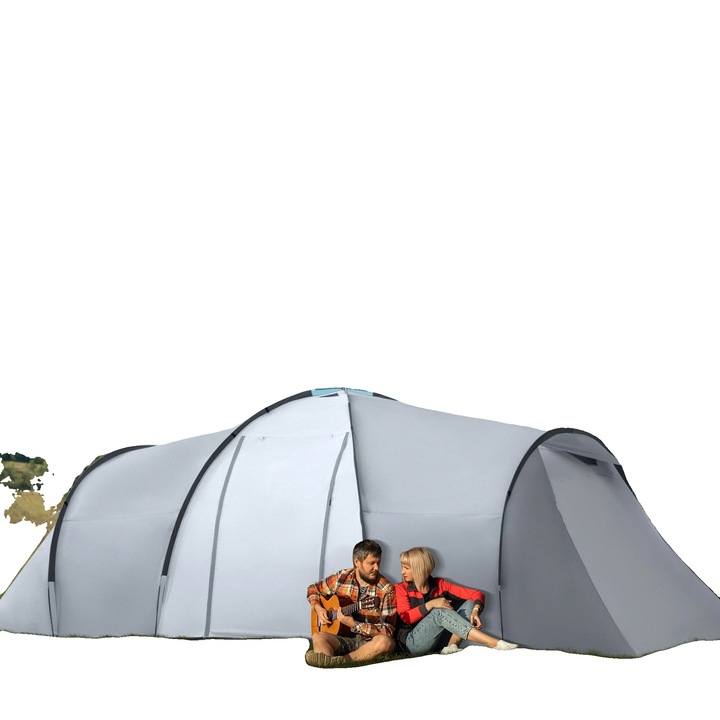 Cort camping, design patru sezoane, usor si portabil, gri inchis, 4-6 persoane, 2 dormitoare si un living