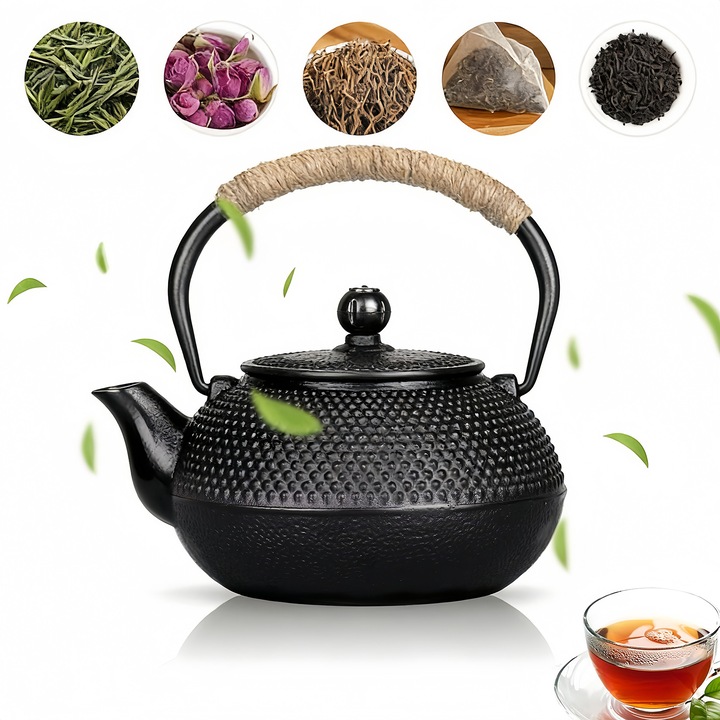 Ceainic din fonta, 800ml, design japonez, cu filtru detasabil, Usor de curatat, negru
