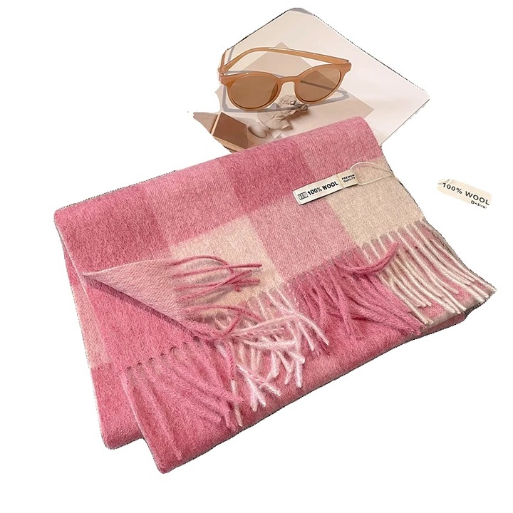 Esarfa din lana, model tartan, roz, 180x30cm