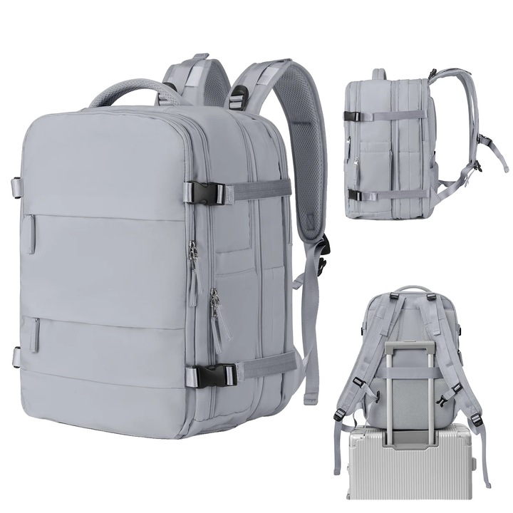 Unisex hátizsák, puha kialakítás, szürke, nylon anyag, ívelt pántos hordozórendszer