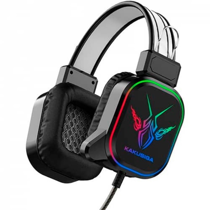 Casti gaming cu fir Kakusiga KSC-581, Microfon incorporat, On Ear, 3.5mm, USB, Cablu 2.1m, Lumina RGB, Negru