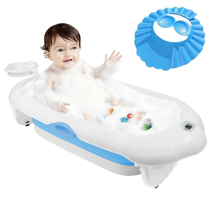 Cada pentru bebelusi, design pliabil, termometru integrat, albastra, 0-9 kg