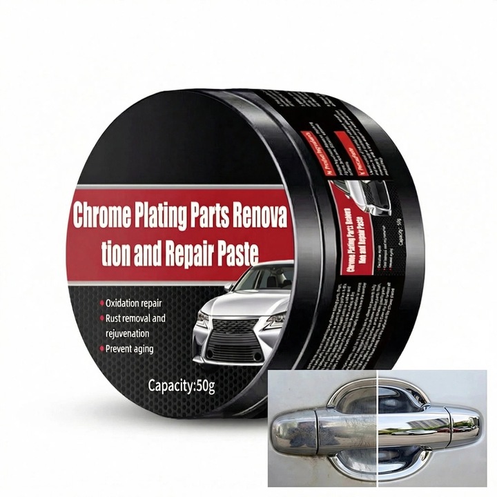 Pasta polish crom auto, agent lustruire metal inox, indepartare rugina oxidare, restaurare ornamente jante, 50g