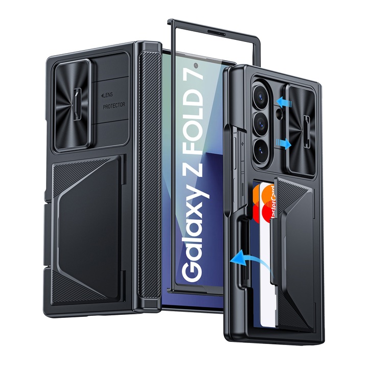 Husa pentru Samsung Galaxy Z Fold 7, husa portofel cu slot carduri, protectie RFID, protectie camera glisanta, protectie balama integrala, protector ecran HD integrat, antiscoc militar 360°, Negru