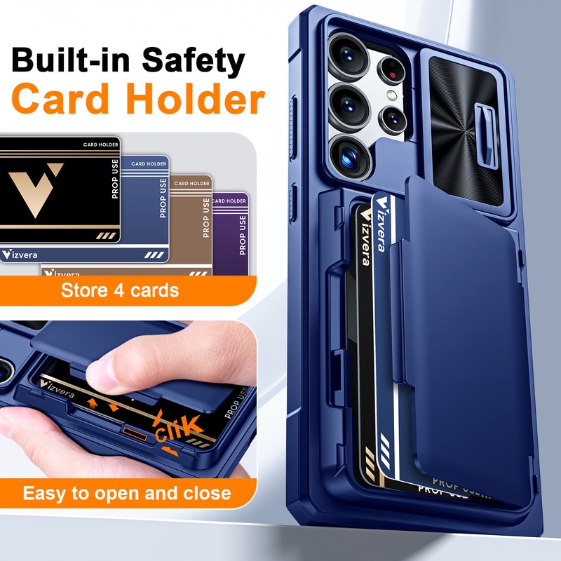 Husa telefon pentru Samsung Galaxy S25 Ultra, cu protectie RFID, suport pentru 4 carduri, capac pentru camera, albastra