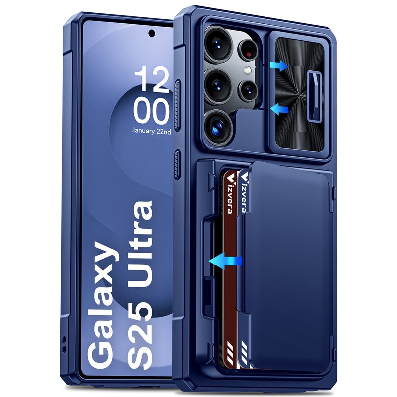 Husa telefon pentru Samsung Galaxy S25 Ultra, cu protectie RFID, suport pentru 4 carduri, capac pentru camera, albastra