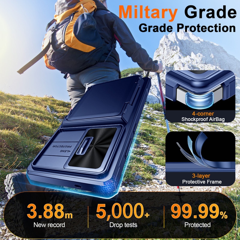 Husa telefon pentru Samsung Galaxy S25 Ultra, cu protectie RFID, suport pentru 4 carduri, capac pentru camera, albastra