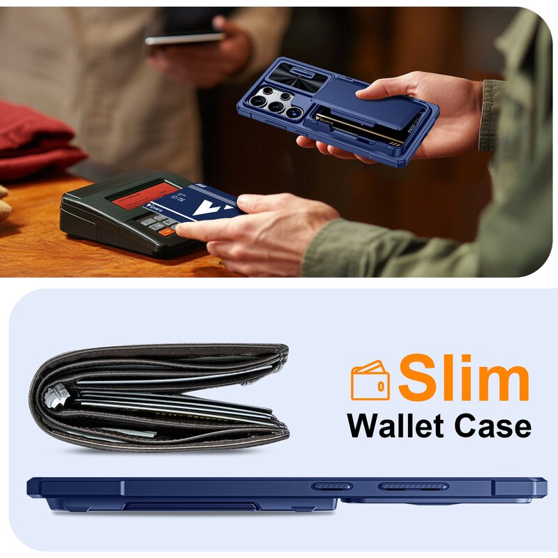 Husa telefon pentru Samsung Galaxy S25 Ultra, cu protectie RFID, suport pentru 4 carduri, capac pentru camera, albastra