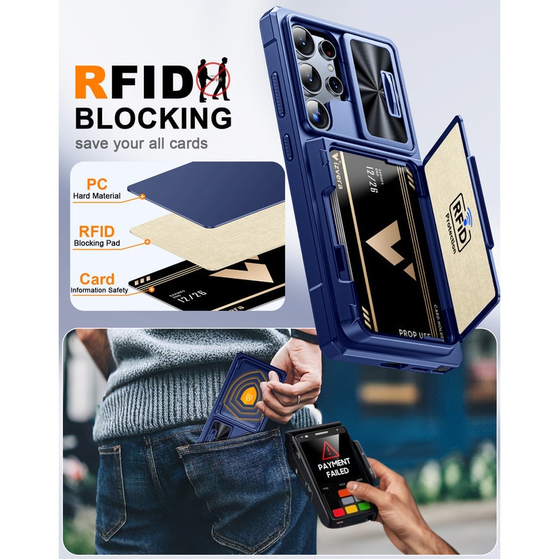 Husa telefon pentru Samsung Galaxy S25 Ultra, cu protectie RFID, suport pentru 4 carduri, capac pentru camera, albastra