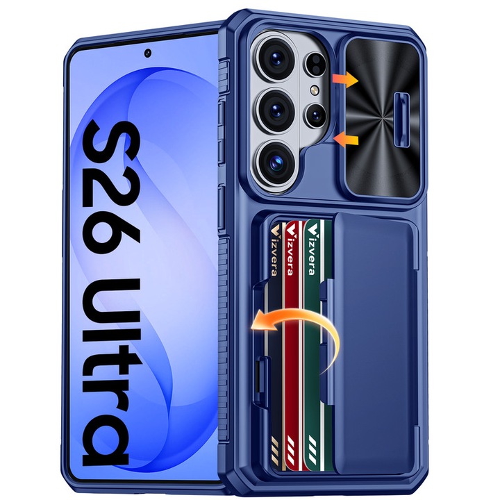 Telefon tok Kompatibilis Galaxy S26 Ultra készülékkel, Csúsztatható kameravédő, RFID kártyanyílás, pénztárca kialakítás, ütésvédelem, esésvédelem, Erős és tartós tok, kék