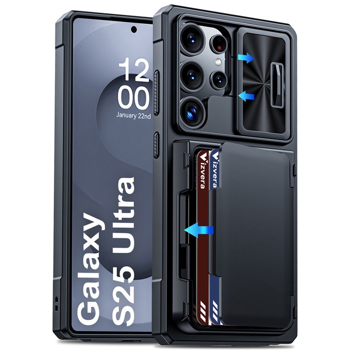 Tok Samsung Galaxy S25 Ultra telefonhoz, Csúszó kameravédő, RFID kártyanyílás, pénztárca kialakítás, ütésvédelem, Ütésálló, leesés elleni védelem