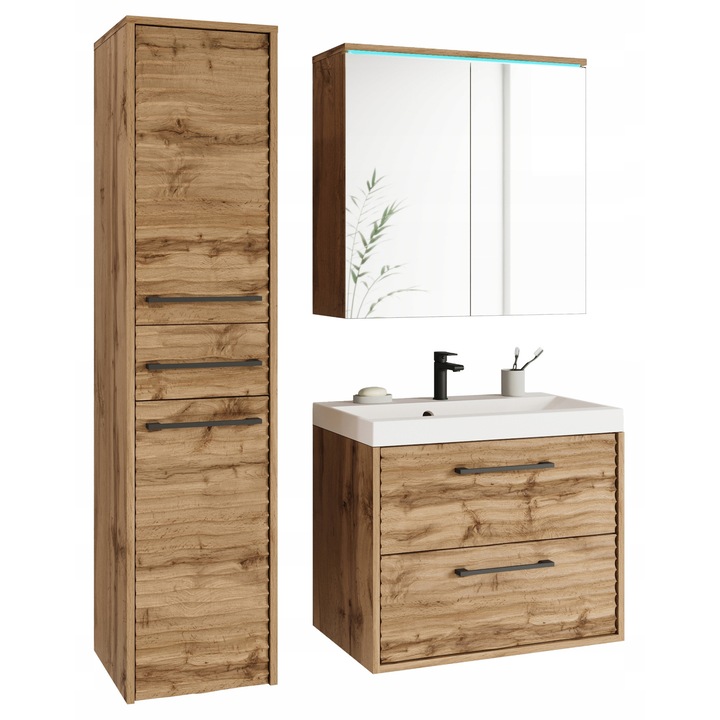 Set baie suspendat cu um sink, oglinda si dulap, MDF, Wotan, 60x50x35cm, iluminare LED