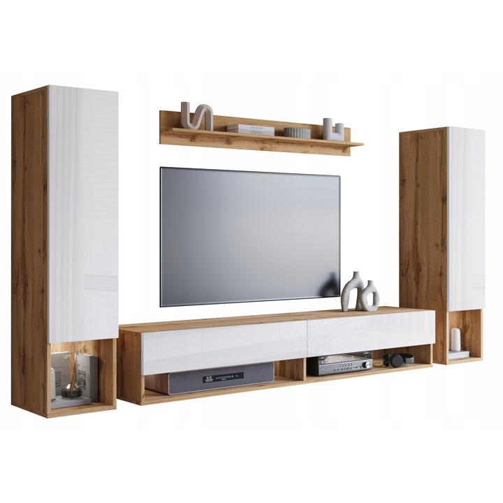 Set mobilier suspendat pentru living, Lauren Meble, 4 elemente, alb/maro, 180x32,5cm