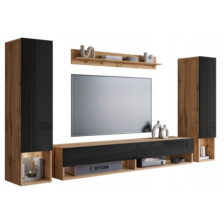 Mobila moderna living cu LED, Lauren Meble, 4 elemente, maro / fronturi lucioase negre, 180x32,5x30cm