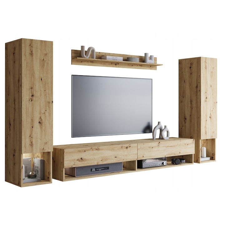 Set mobilier suspendat pentru living, Lauren Meble, 4 elemente, 180x32,5x30cm, cu iluminare LED, culoare stejar