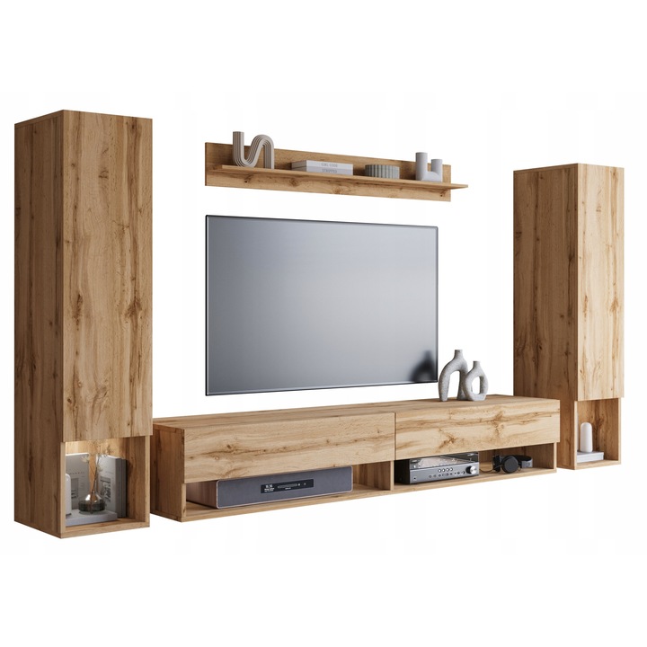 Set mobilier suspendat Lauren Meble, 2 stalpi, sifonier RTV 180 cm, raft, mat, stejar Wotan, cu iluminare LED