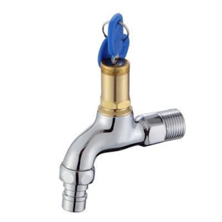 Кран против кражба от месинг, със заключване, за външно ползване, 9x8.8см, сребрист, комплект с 2 ключа