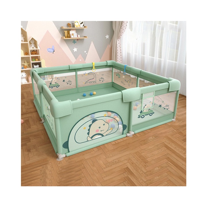 Tarc copii, 180x200x65cm, Sigur si rezistent, cu protectie la colturi, din plasa moale si elastica, cu deschidere cu fermoar, include minge, inel de agatare si geanta de depozitare, usor de asamblat, cu motive de desene animate, verde