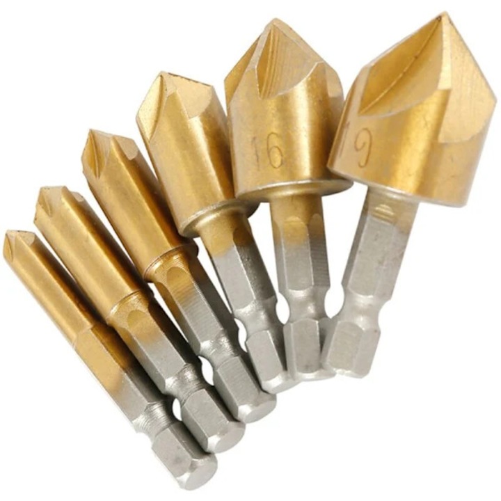 Set 6 burghie pentru debavurare, 90 grade, HSS, acoperire titan, dimensiuni 6mm-19mm