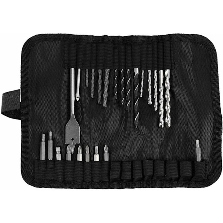 Set de 31 piese burghie si surubelnite, metalice, argintii si negre, pentru lucrari de tamplarie