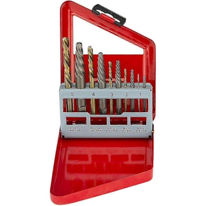 Set extractoare de suruburi si burghie cu actionare stanga, 10 piese, otel HSS M2, dimensiuni variate, cutie metalica rosie