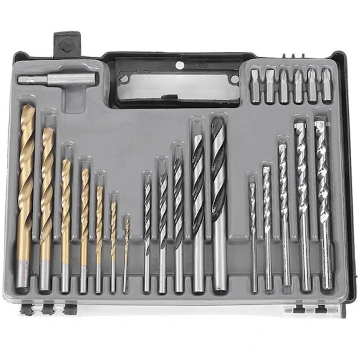 Set de burghie si surubelnite 24 piese, otel de mare viteza, rezistenta la acid si alcaline, argintiu, pentru lemn, metal, plastic