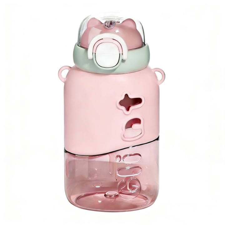 Детска бутилка OLOEY, 760ml, розова, капачка 2-в-1 със сламка и отвор, преносими дръжки, двойно запечатана капачка