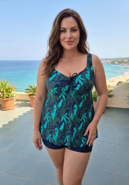 Costum de Baie Tankini cu rochita si slip tip pantaloni scurti 2 Piese Bleumarin f2503 15142, Multicolor