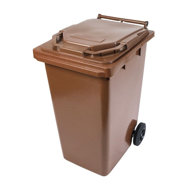 Pubela mobila DacEnergy©, construit din plastic, cu roti, rezistent la actiunea razelor ultraviolete, frig, caldura, capac plat cu deschidere la 270 grade, 240 L, 736 x 579 x 1030 mm, maro