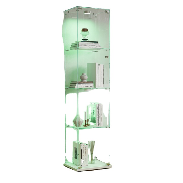 Dulap de expunere, design transparent, iluminare ambientala, 4 rafturi, 78.5x35x163cm, alb