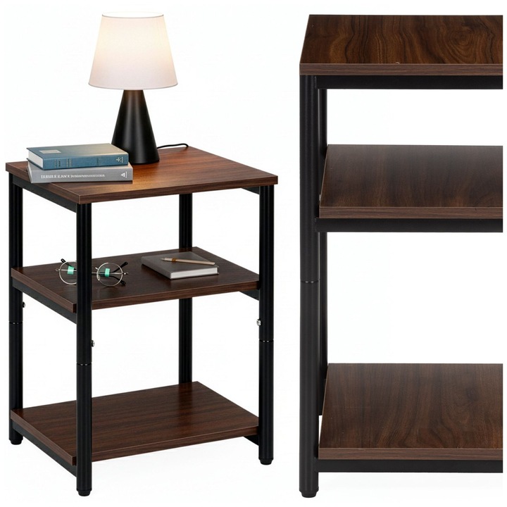 Noptieră SPRINGOS, metal, 3 rafturi, maro închis, 35x31x57cm