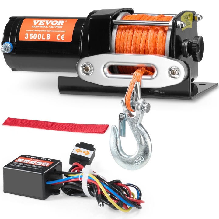 Winch electric VEVOR 3500 lb cu cablu sintetic, control prin fir, impermeabil, 28.5x10.2x10.5 cm