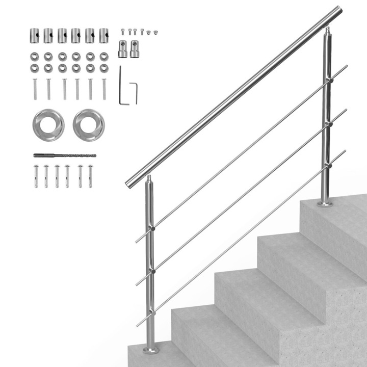 Sistem de balustrade pentru trepte exterioare VEVOR, 3 bare transversale, inox, 1500x104x1060mm, argintiu