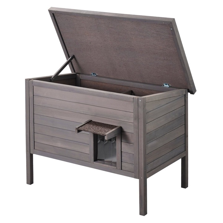 Casuta pentru pisici exterioare VEVOR, din lemn, cu acoperis inclinat, izolatie din spuma, gri, 34x22x27in