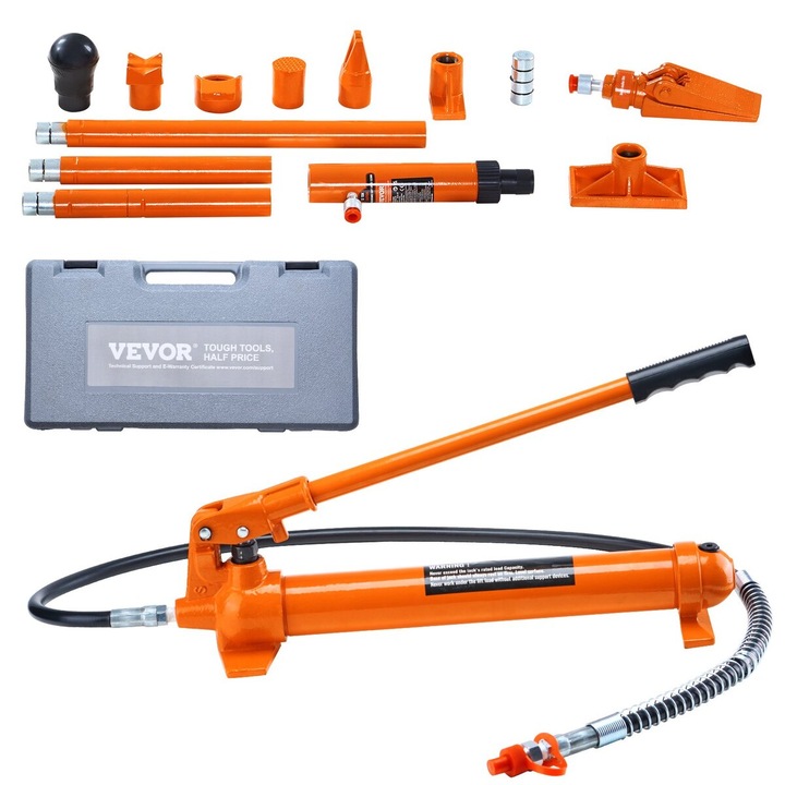 Kit de reparare auto VEVOR 12 Ton, elevator hidraulic portabil, 4 tuburi extensibile, 1.4 m furtun ulei, 5.2 in cursa, 24.65 kg